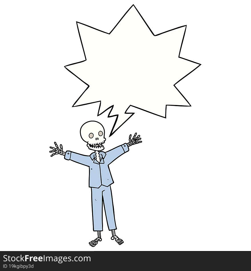 cartoon skeleton wearing pajamas with speech bubble