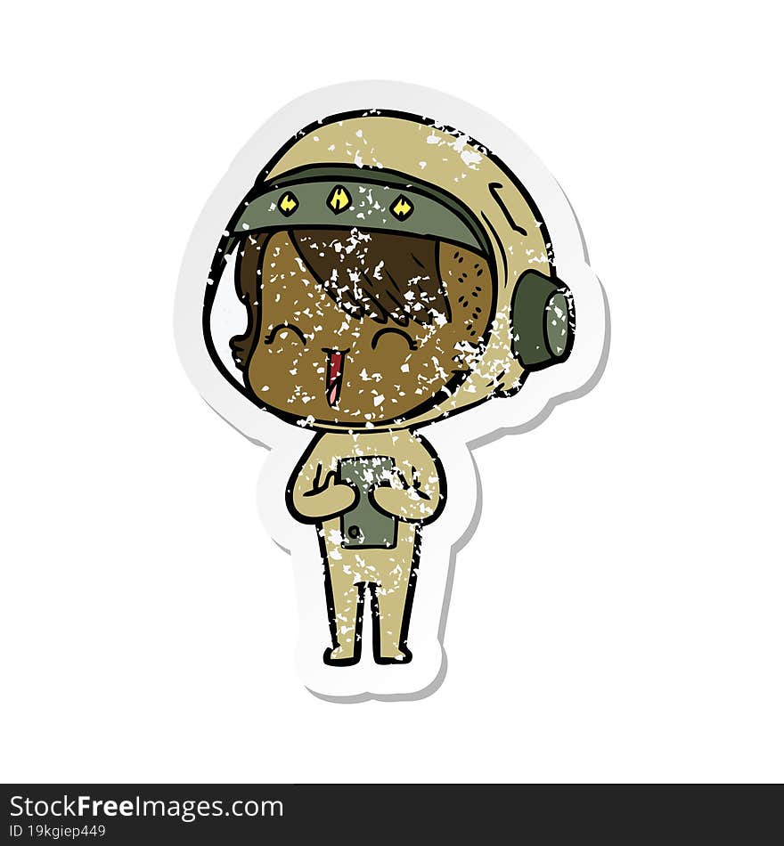 distressed sticker of a happy cartoon space girl