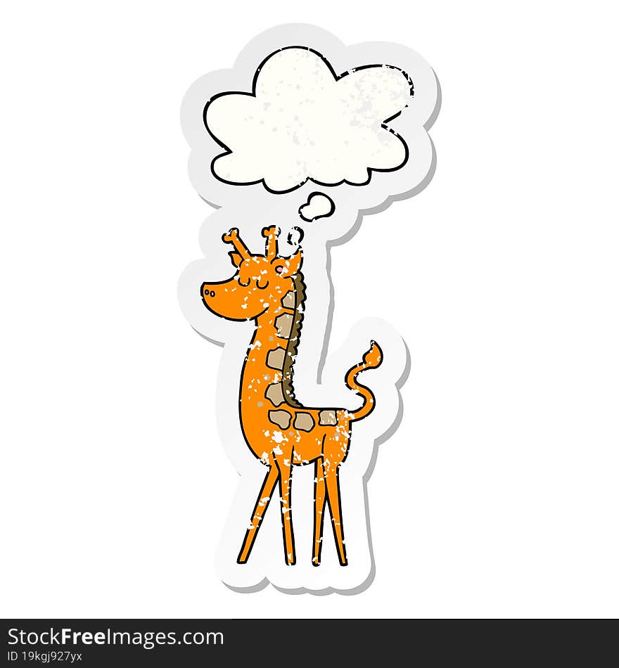 cartoon giraffe and thought bubble as a distressed worn sticker