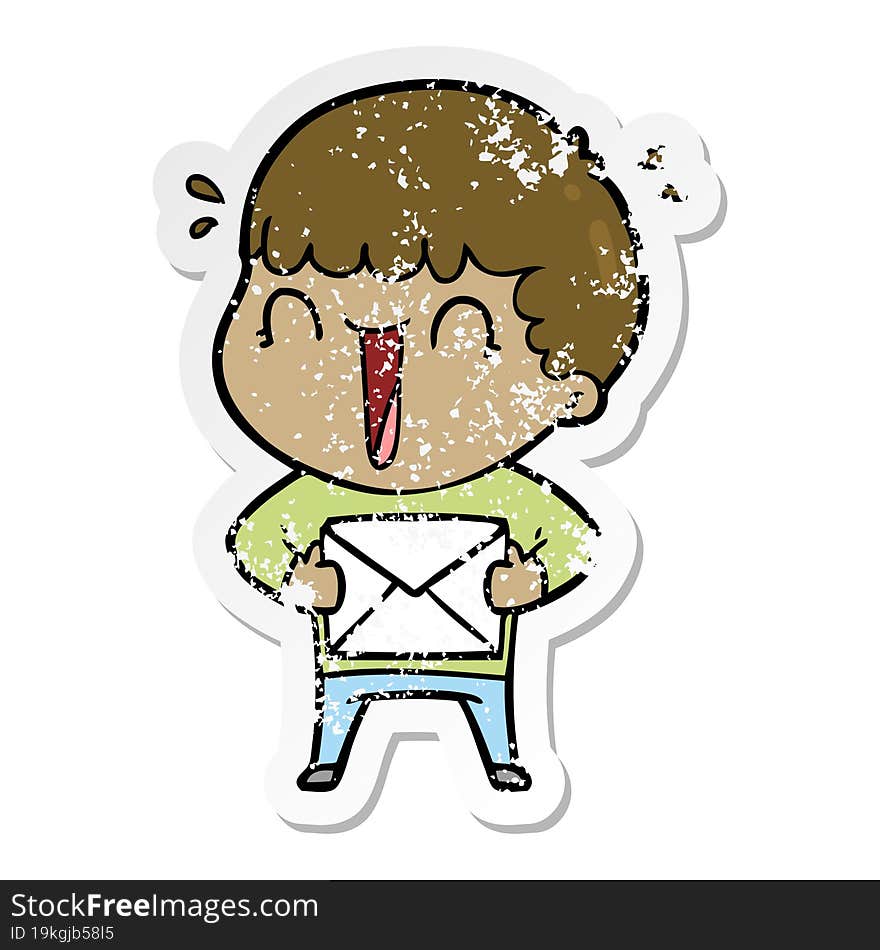 Distressed Sticker Of A Laughing Cartoon Man With Letter