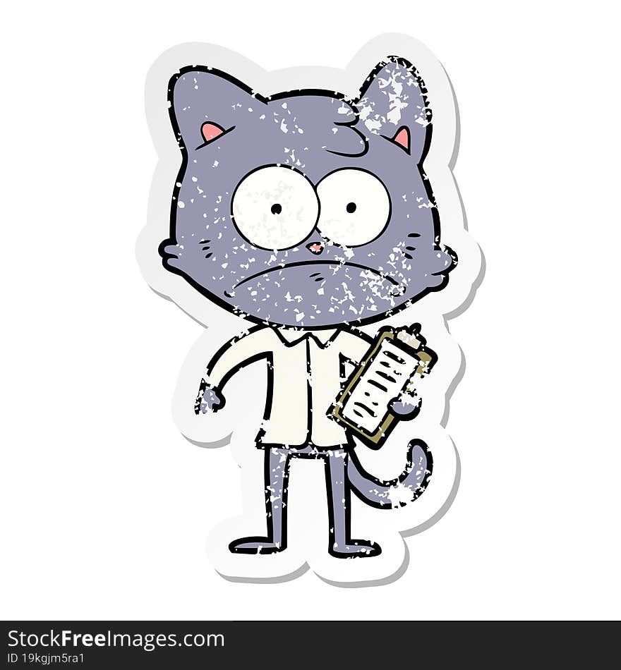 Distressed Sticker Of A Cartoon Cat With Clipboard