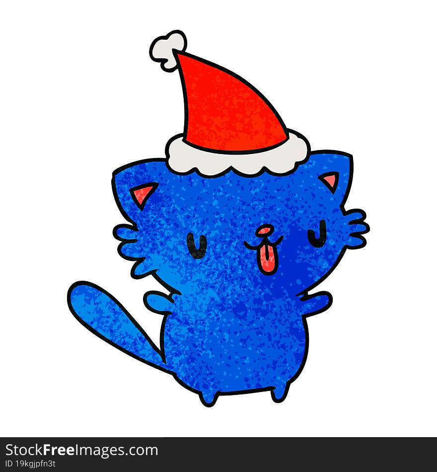 hand drawn christmas textured cartoon of kawaii cat