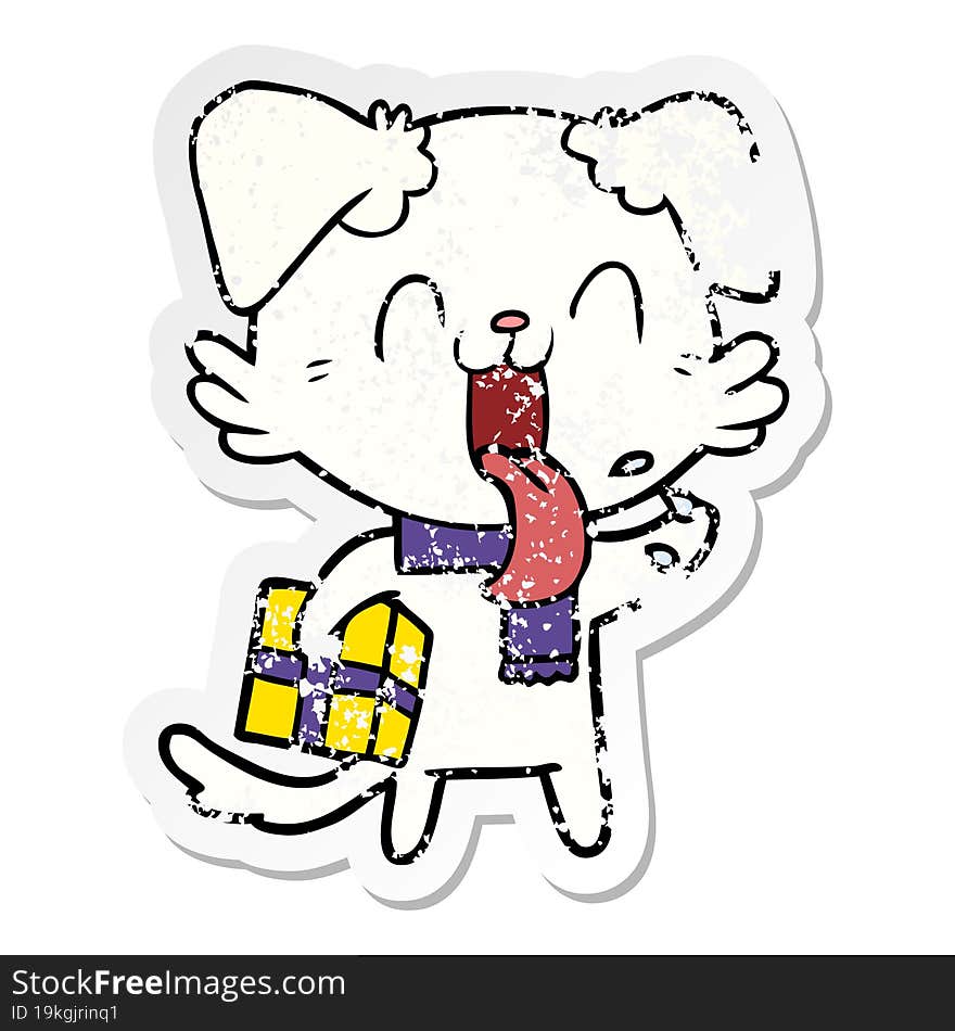 distressed sticker of a cartoon panting dog with present