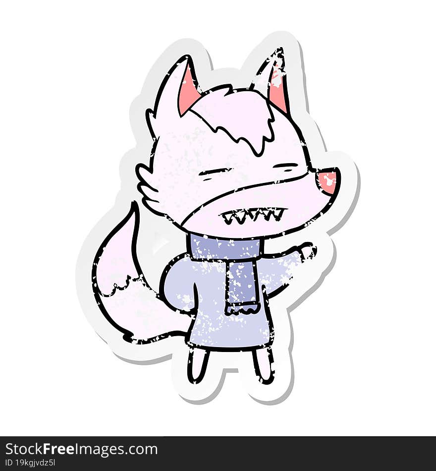 distressed sticker of a cartoon wolf in winter clothes