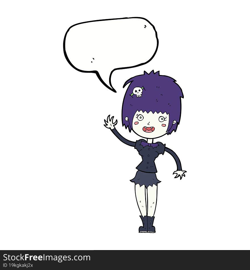 cartoon waving vampire girl with speech bubble