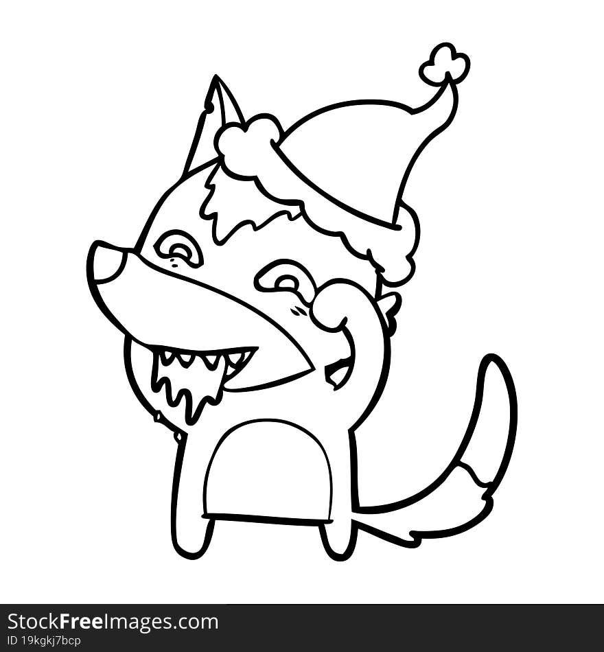 Line Drawing Of A Hungry Wolf Wearing Santa Hat