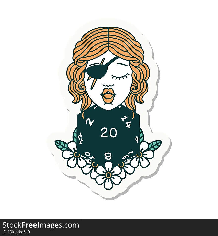 sticker of a human rogue with natural twenty dice roll. sticker of a human rogue with natural twenty dice roll