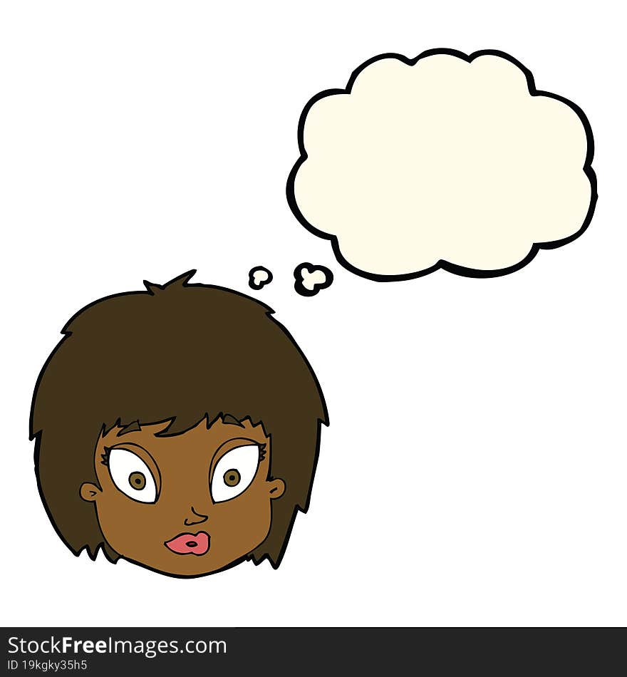 cartoon surprised female face with thought bubble