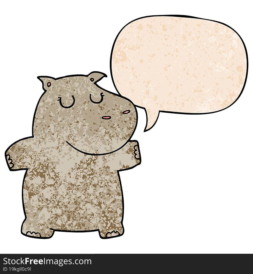 cartoon hippo and speech bubble in retro texture style