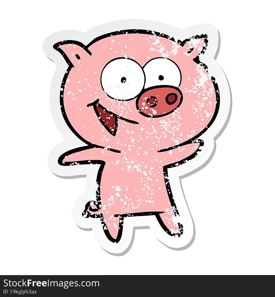 distressed sticker of a cheerful pig cartoon