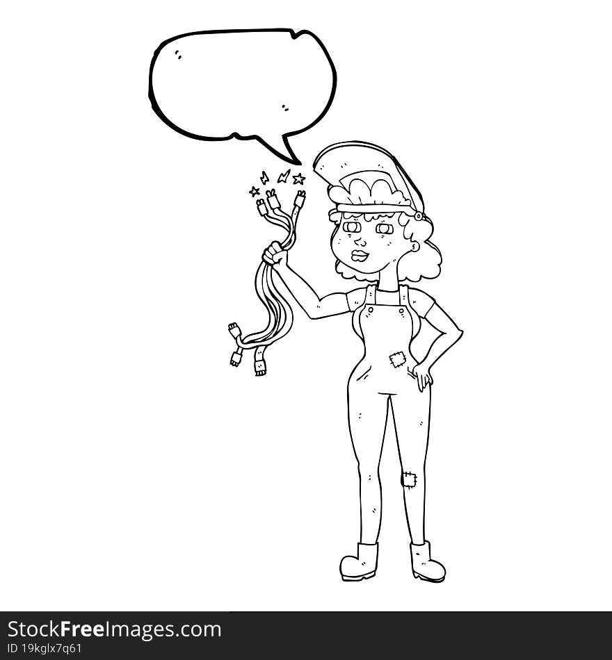 freehand drawn speech bubble cartoon electrician woman