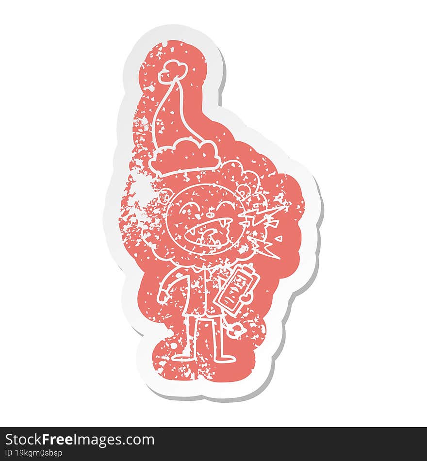 Cartoon Distressed Sticker Of A Roaring Lion Doctor Wearing Santa Hat