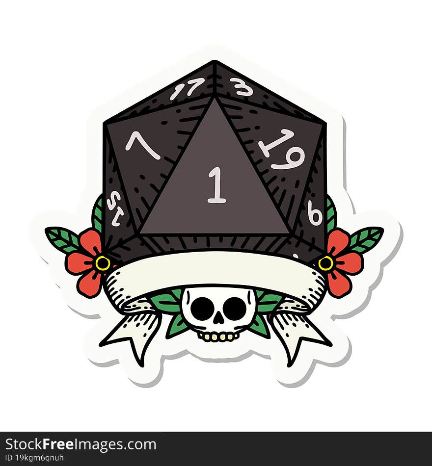 sticker of a natural one d20 dice roll. sticker of a natural one d20 dice roll