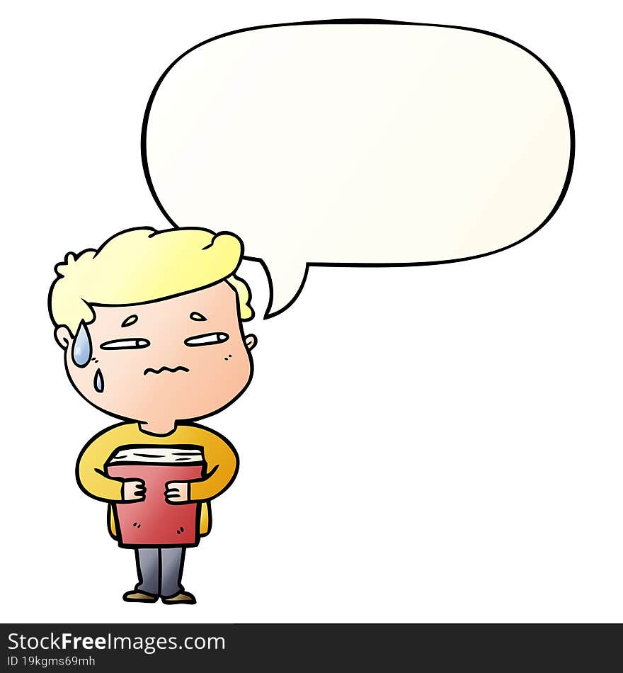 cartoon anxious boy carrying book and speech bubble in smooth gradient style