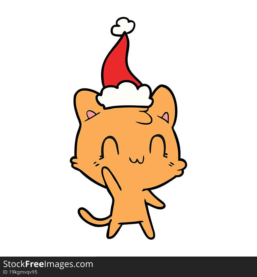 line drawing of a happy cat wearing santa hat