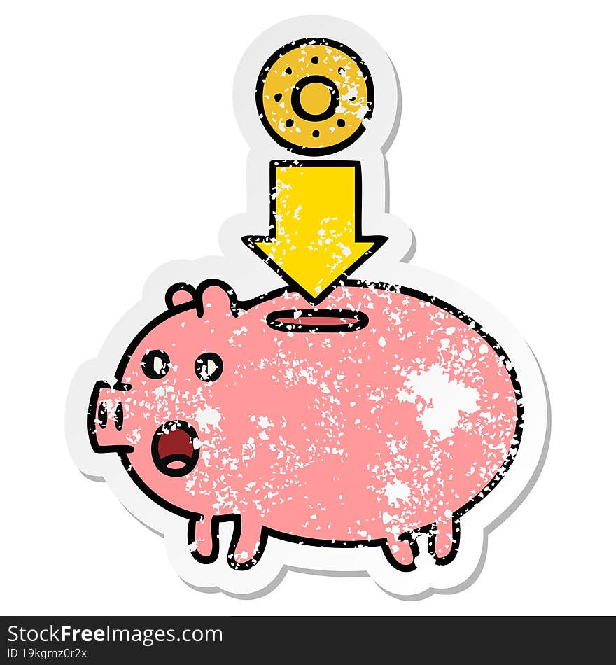 Distressed Sticker Of A Cute Cartoon Piggy Bank