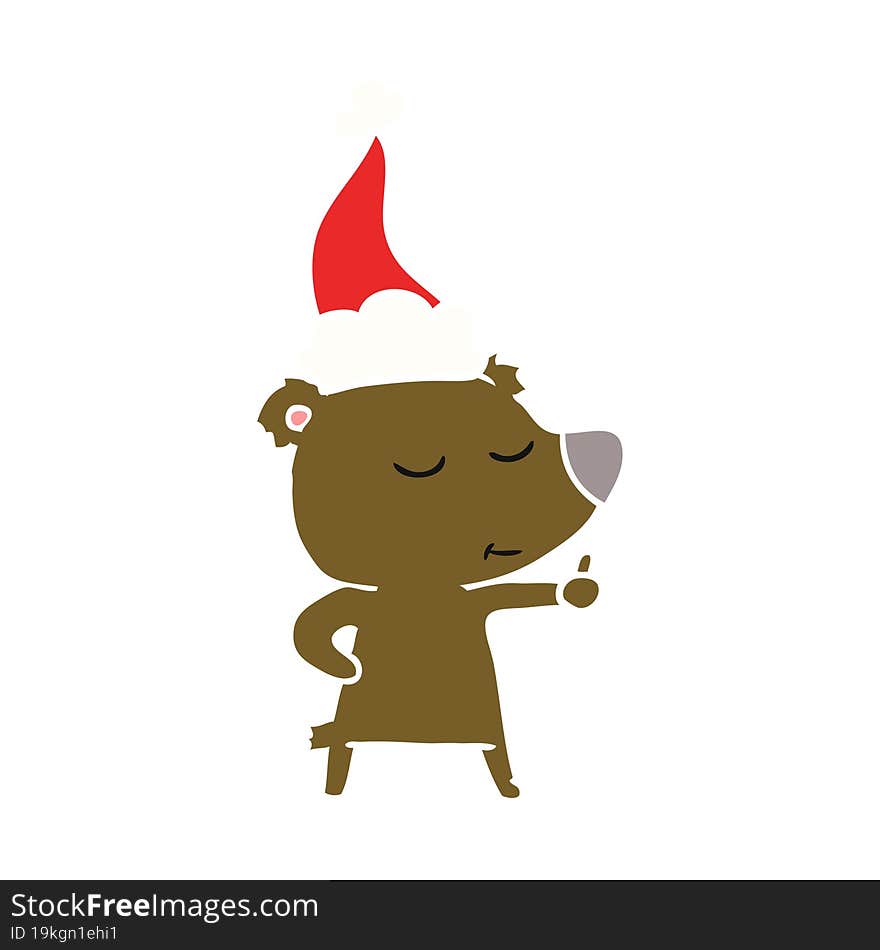 happy flat color illustration of a bear giving thumbs up wearing santa hat