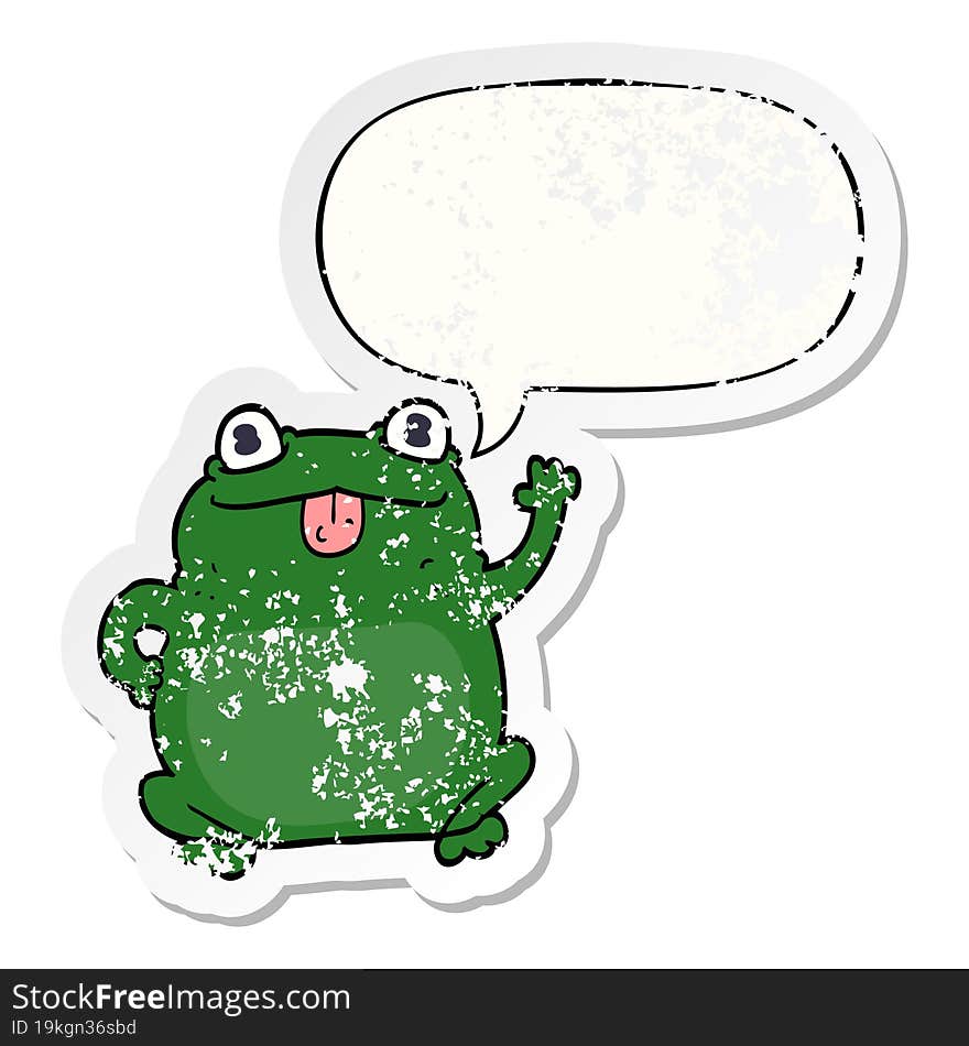 cartoon frog with speech bubble distressed distressed old sticker. cartoon frog with speech bubble distressed distressed old sticker