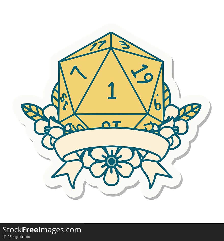 sticker of a natural one d20 dice roll. sticker of a natural one d20 dice roll