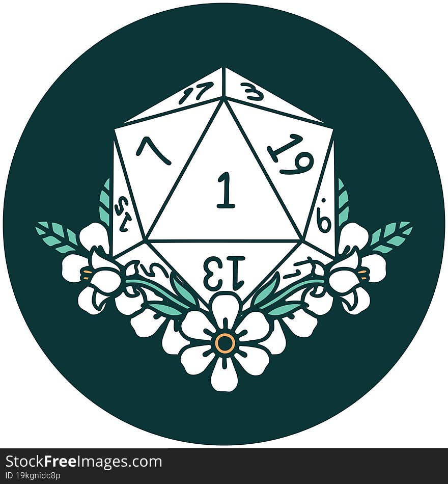 natural one dice roll with floral elements icon