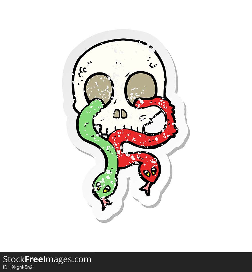 retro distressed sticker of a cartoon skull with snakes