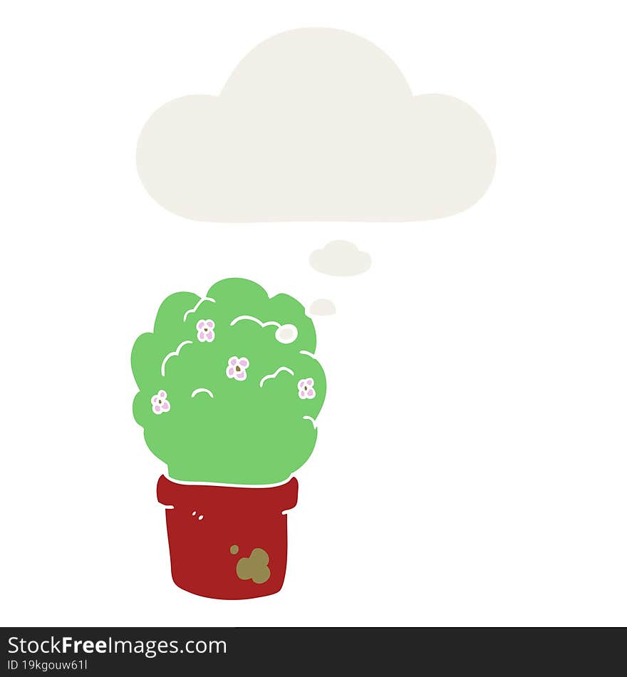 cartoon shrub and thought bubble in retro style