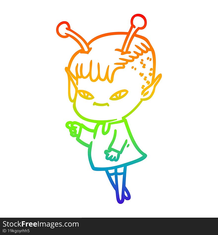 rainbow gradient line drawing of a cute cartoon alien girl