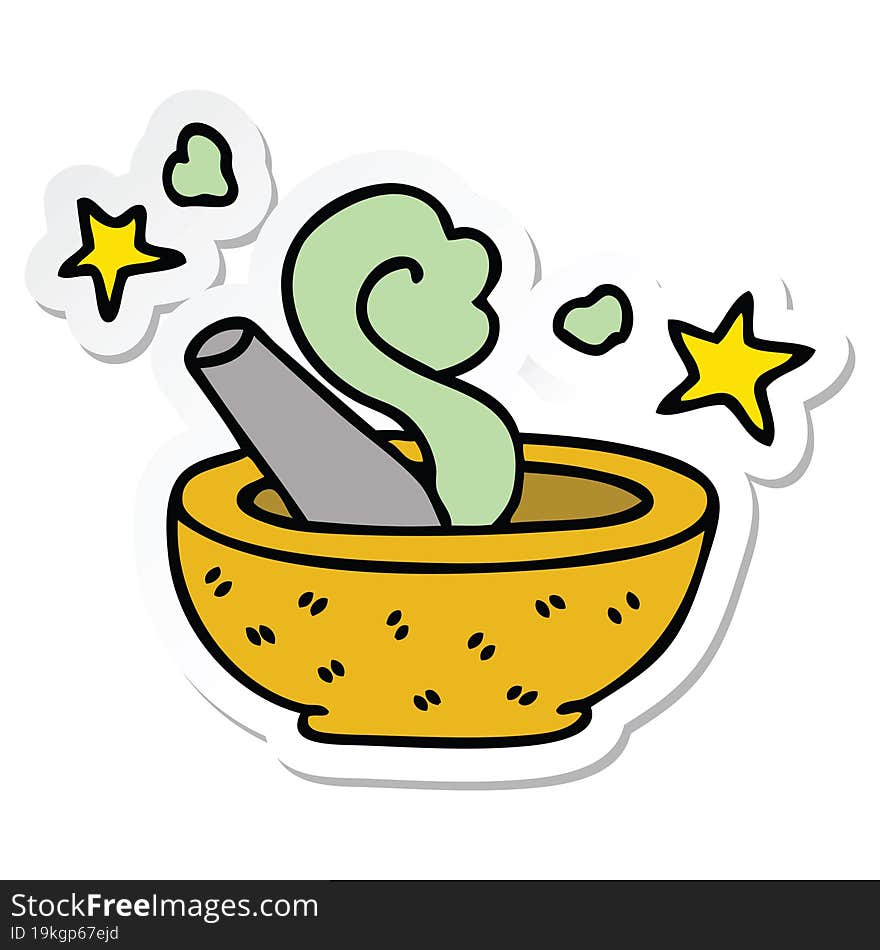 sticker of a quirky hand drawn cartoon magic pestle and mortar