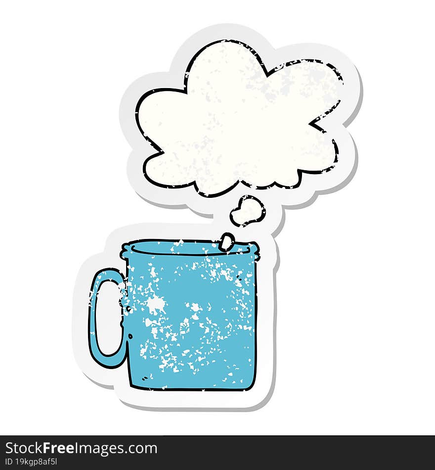 cartoon camping cup of coffee and thought bubble as a distressed worn sticker