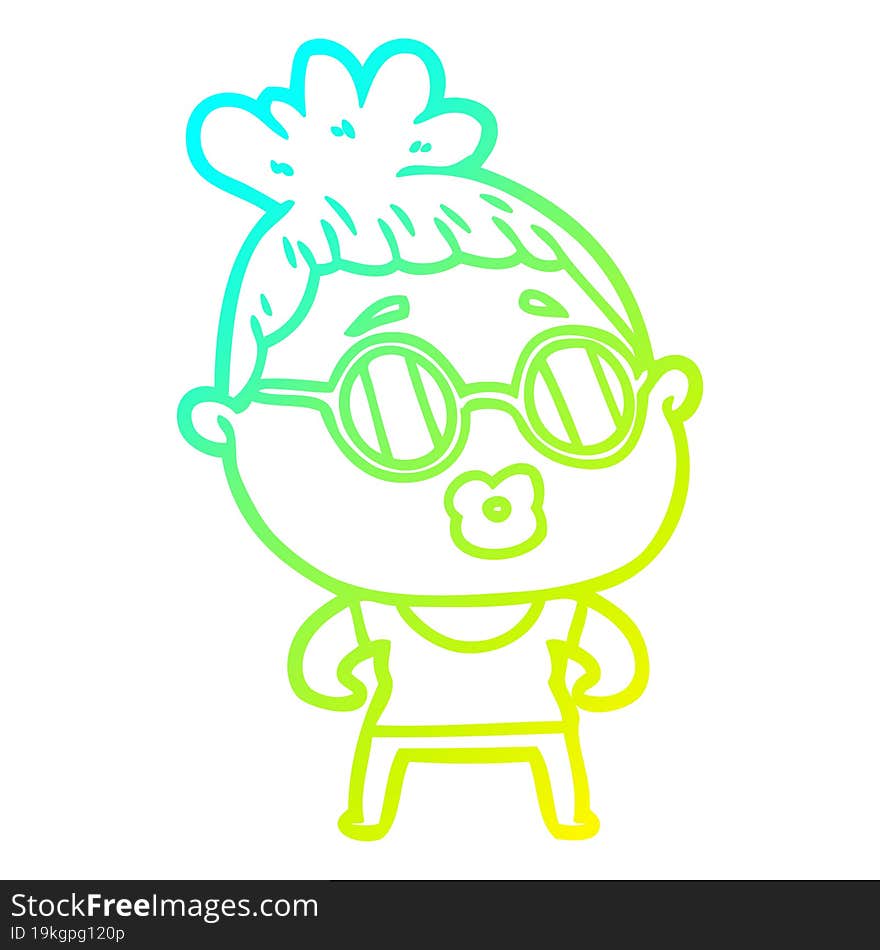 cold gradient line drawing of a cartoon woman wearing spectacles