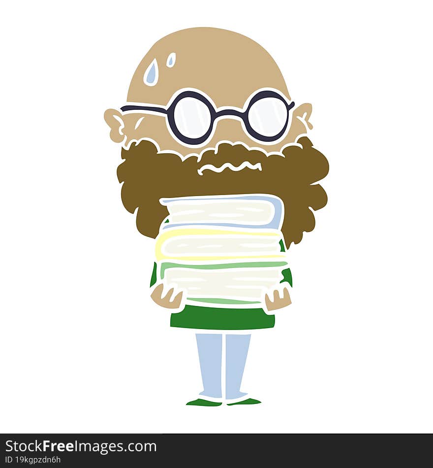 flat color style cartoon worried man with beard and stack of books