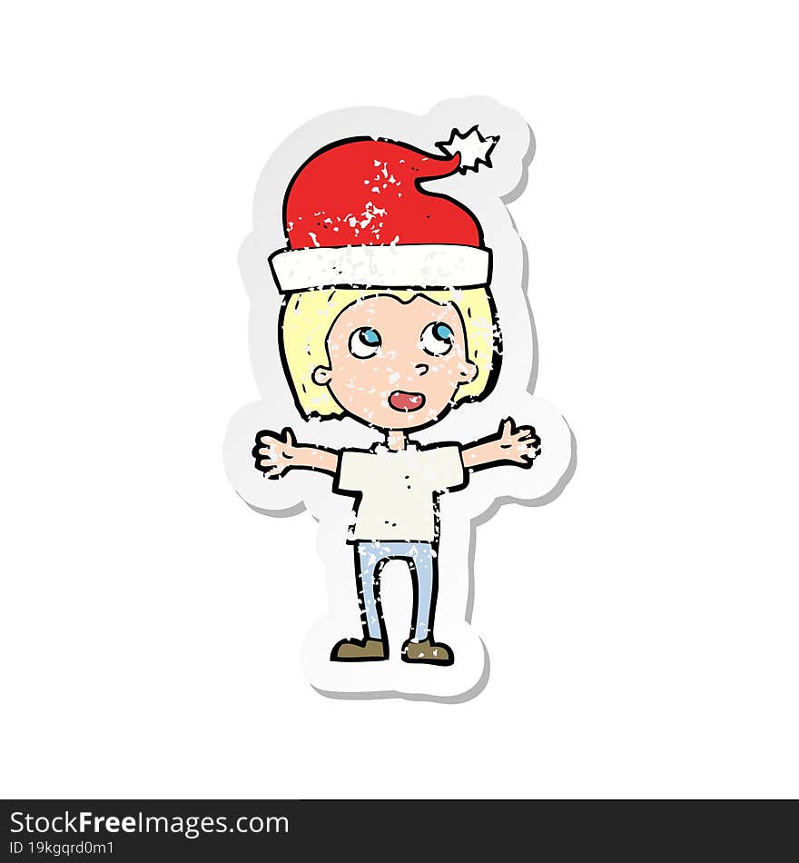 retro distressed sticker of a cartoon boy in christmas hat