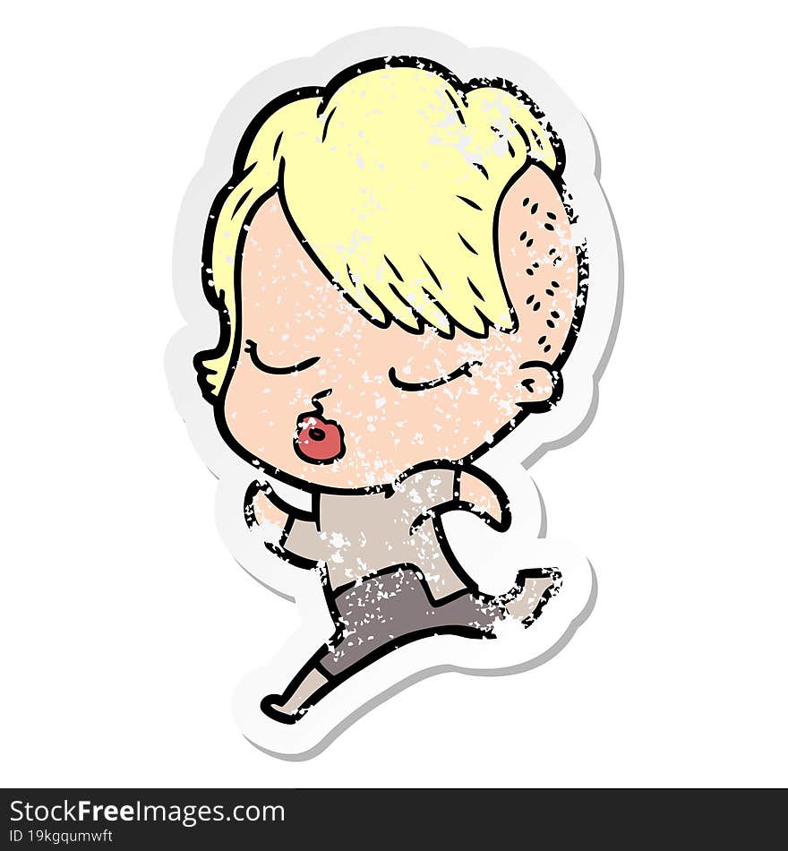 distressed sticker of a cartoon pretty hipster girl