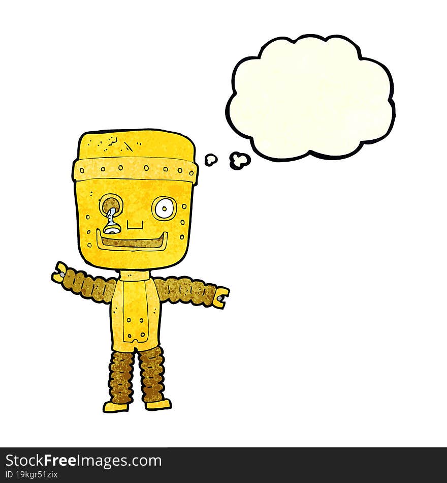 cartoon funny gold robot with thought bubble