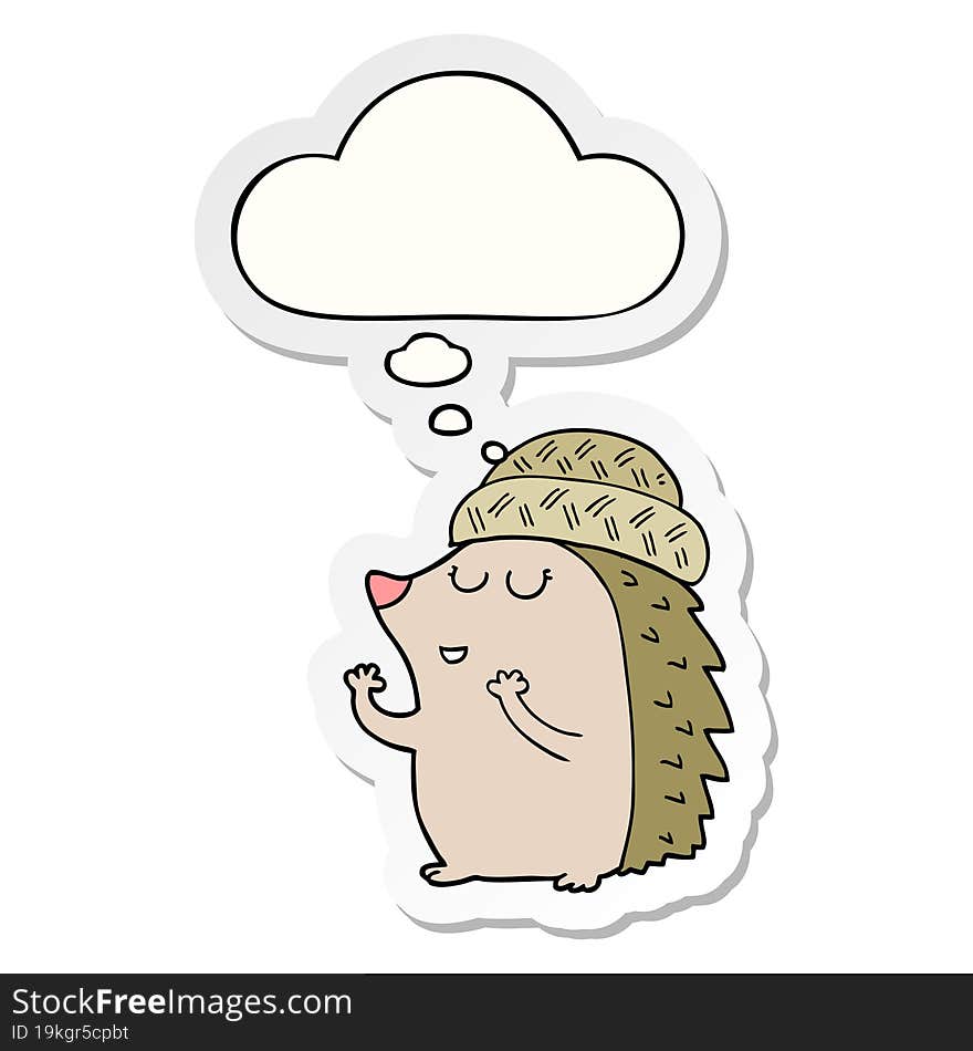 cartoon hedgehog wearing hat and thought bubble as a printed sticker