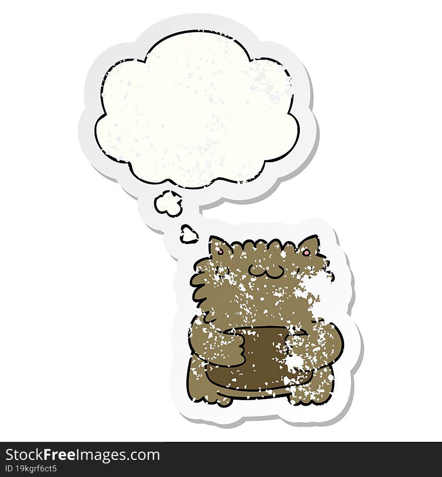 cartoon bear and thought bubble as a distressed worn sticker