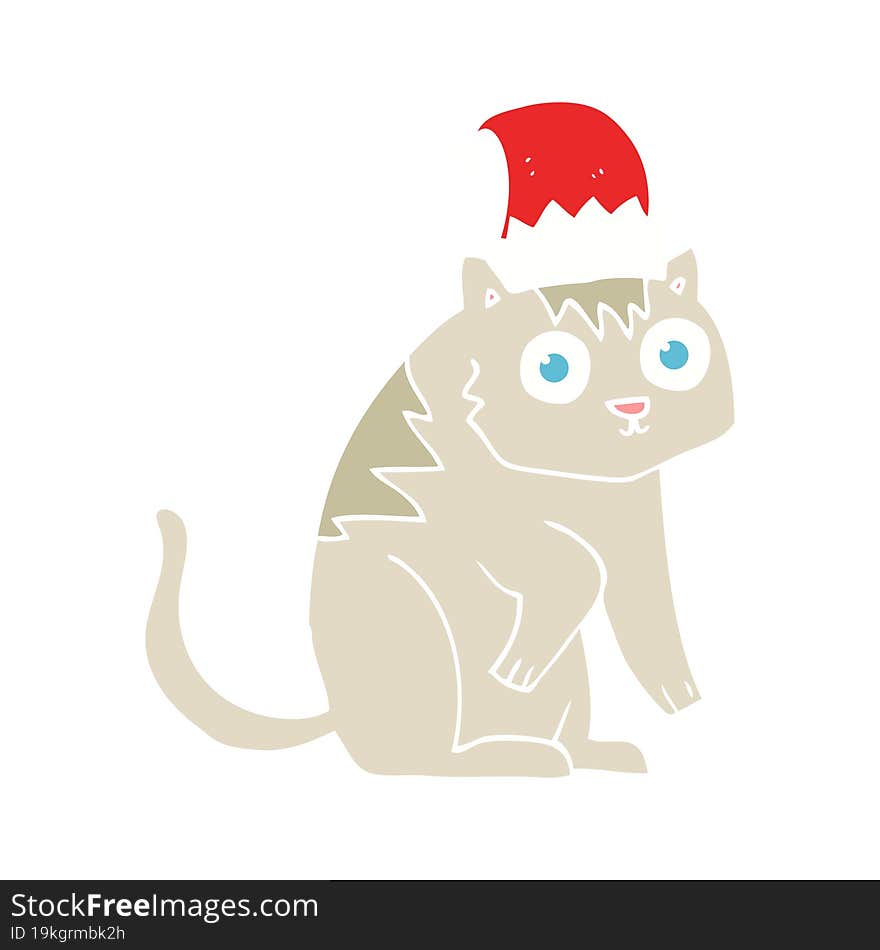 flat color illustration of a cartoon cat wearing christmas hat