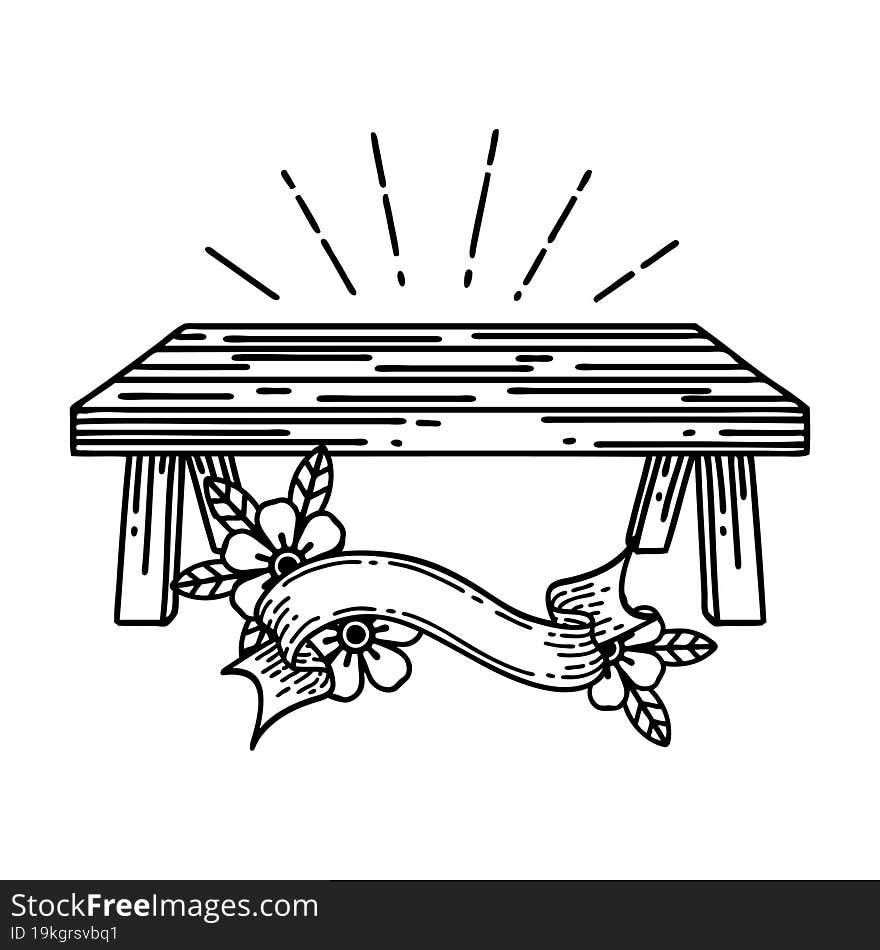 scroll banner with black line work tattoo style wood table