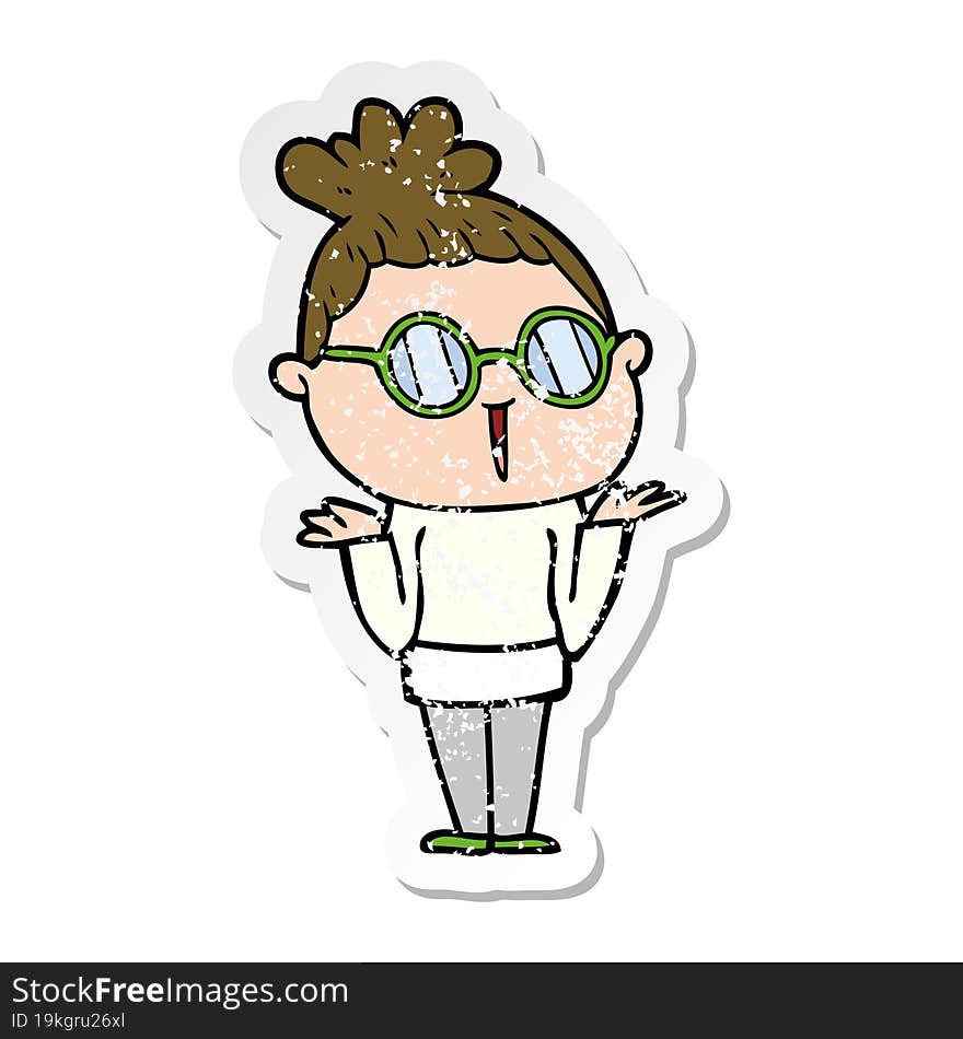 distressed sticker of a cartoon shrugging woman wearing spectacles