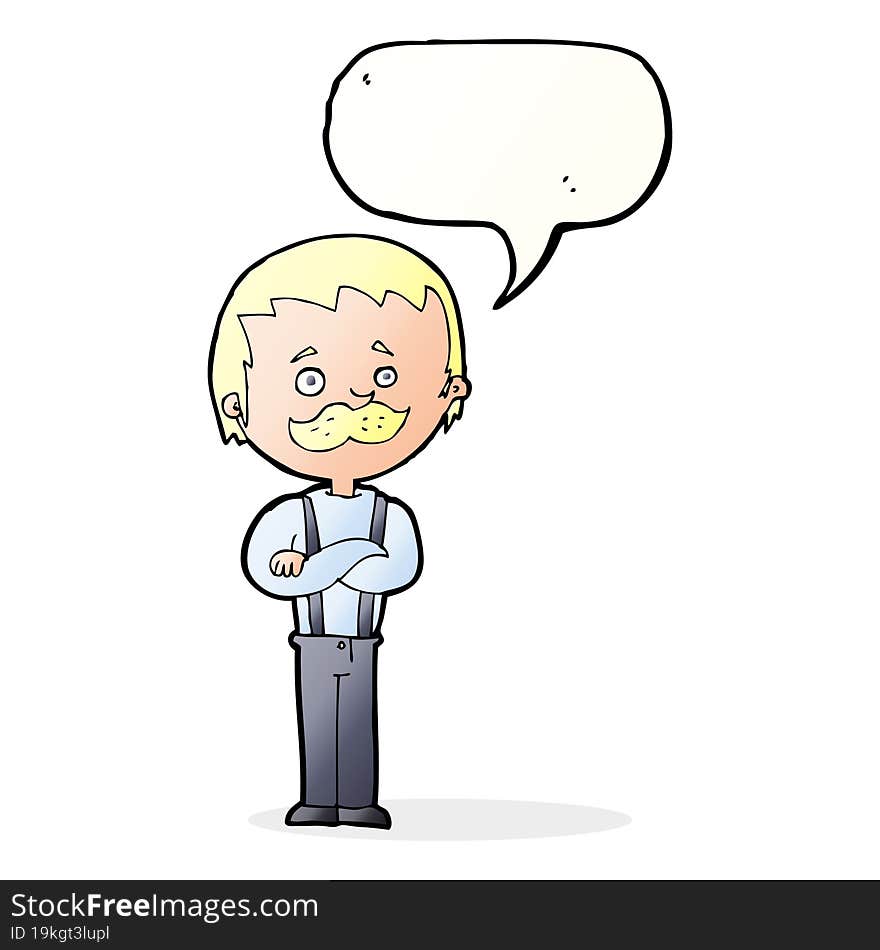 cartoon man with mustache with speech bubble