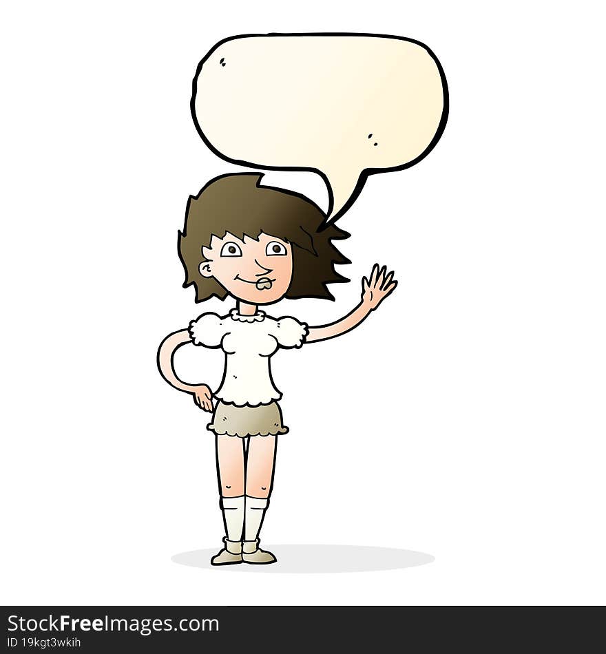 cartoon woman waving with speech bubble