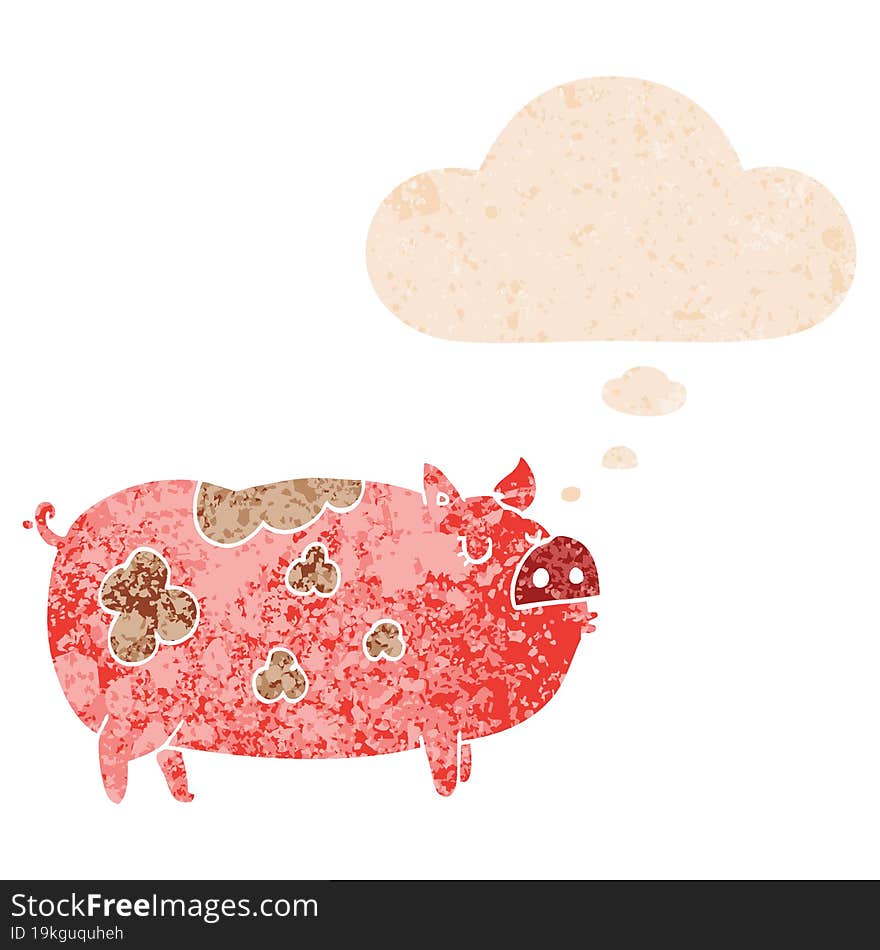 cartoon pig and thought bubble in retro textured style