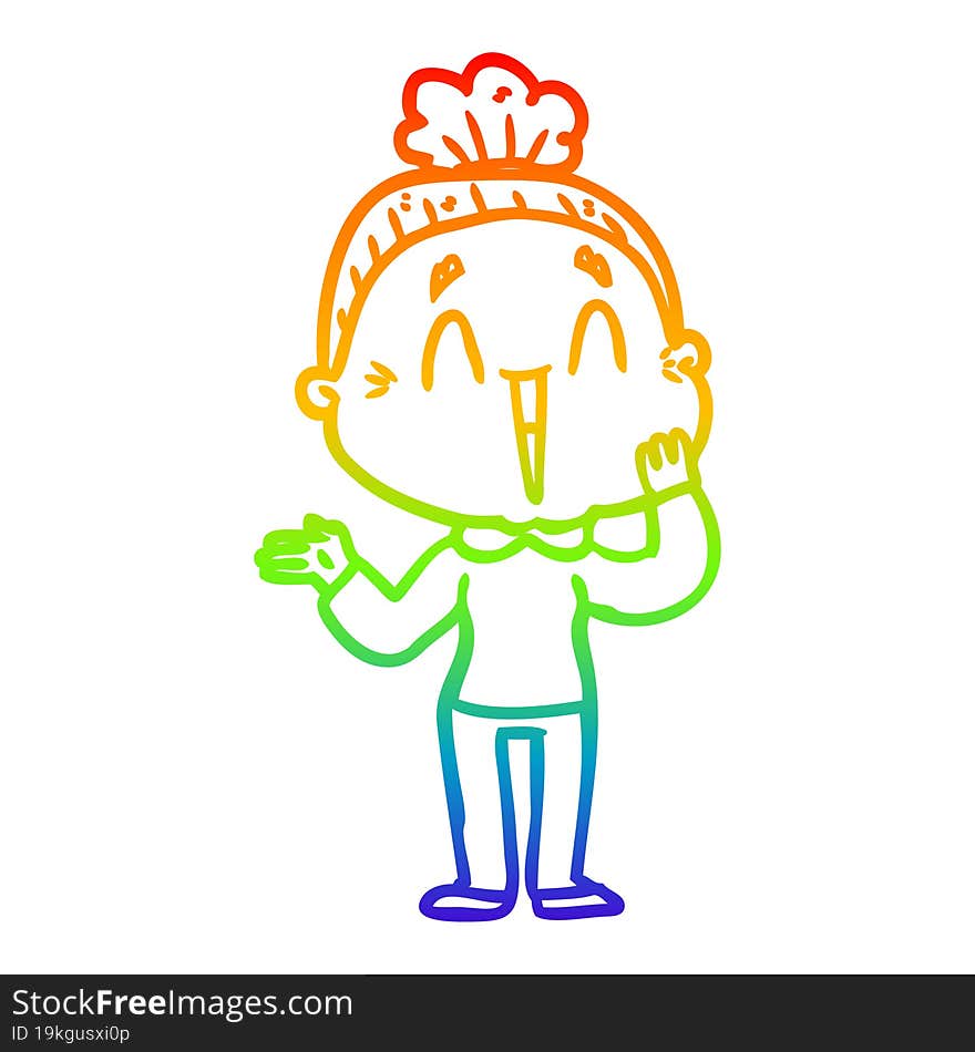 rainbow gradient line drawing of a cartoon happy old lady