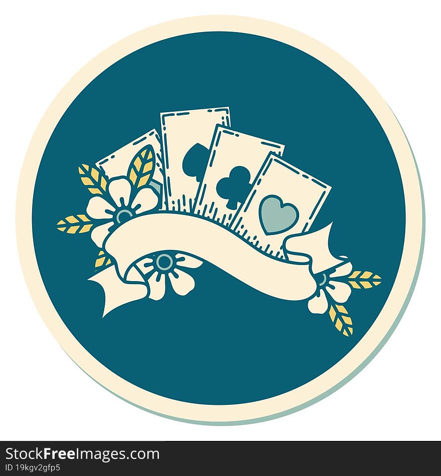 Tattoo Style Sticker Of Cards And Banner