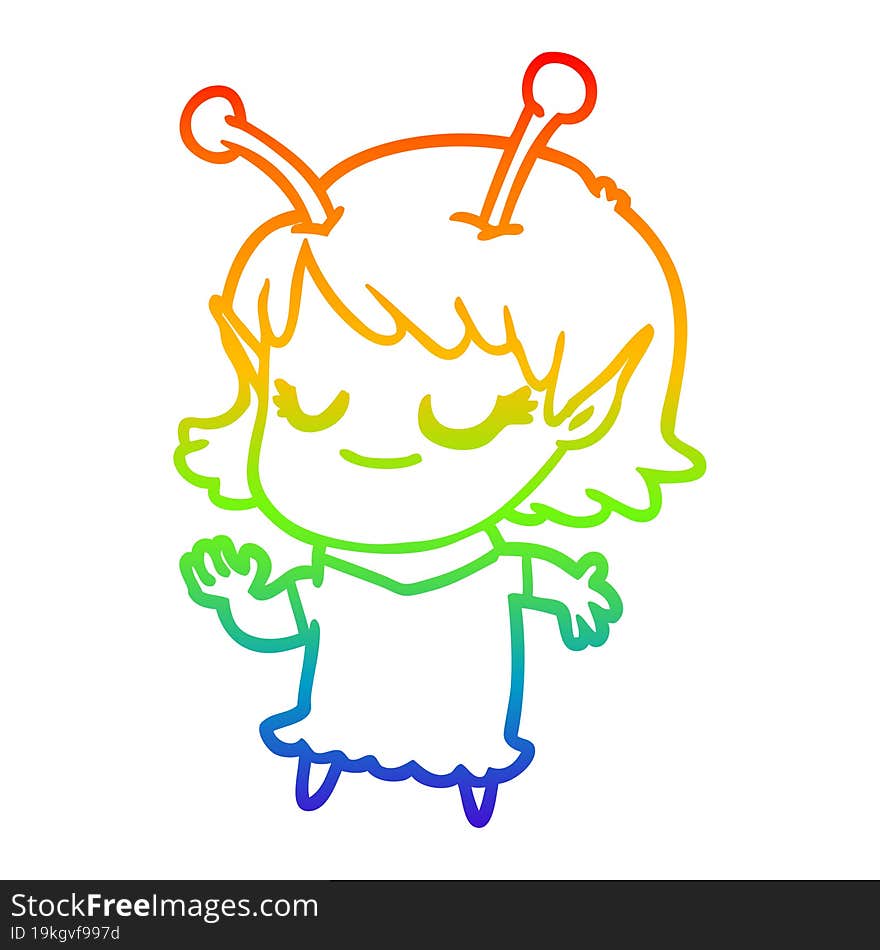 Rainbow Gradient Line Drawing Smiling Alien Girl Cartoon