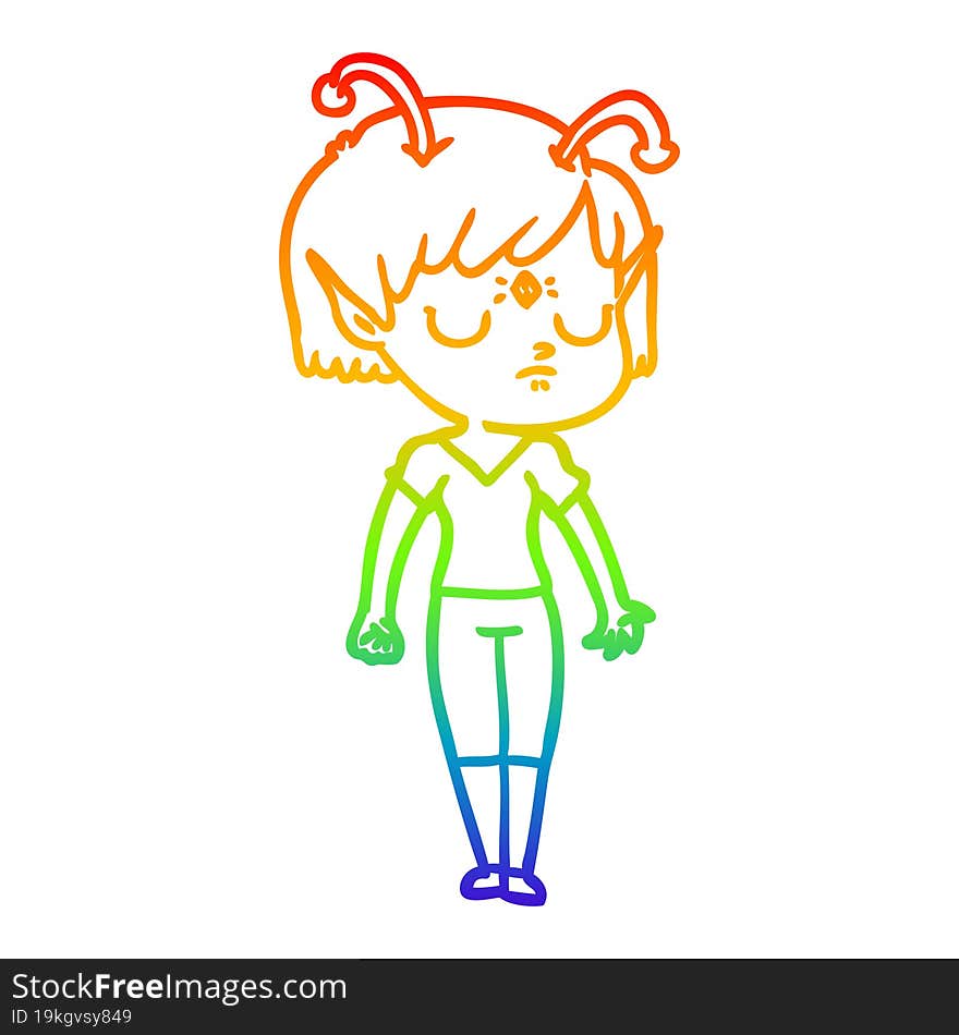 rainbow gradient line drawing of a cartoon alien girl