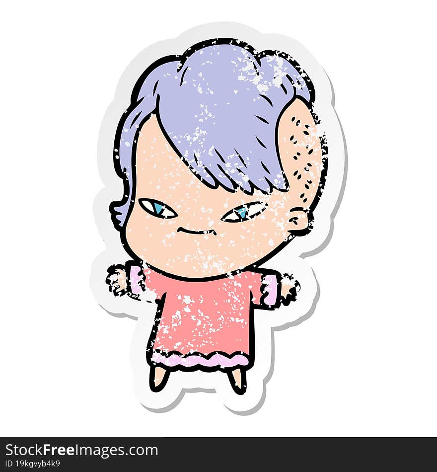 distressed sticker of a cute cartoon girl with hipster haircut