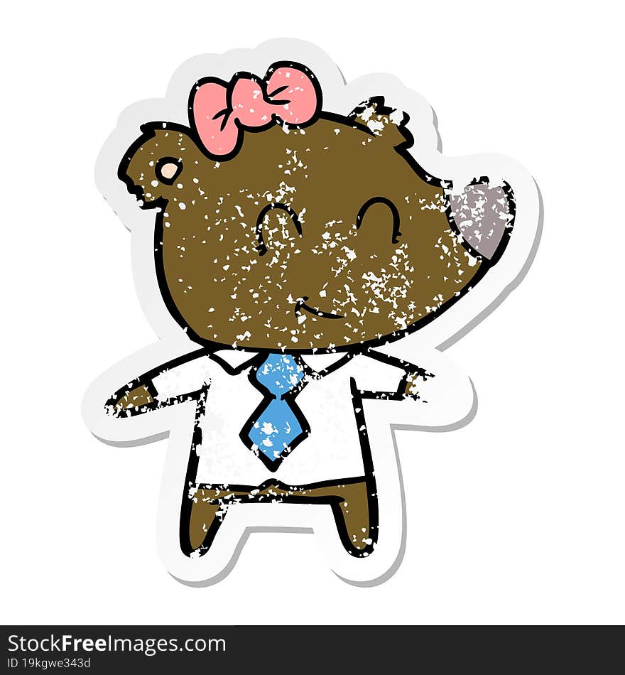 distressed sticker of a female bear in work clothes