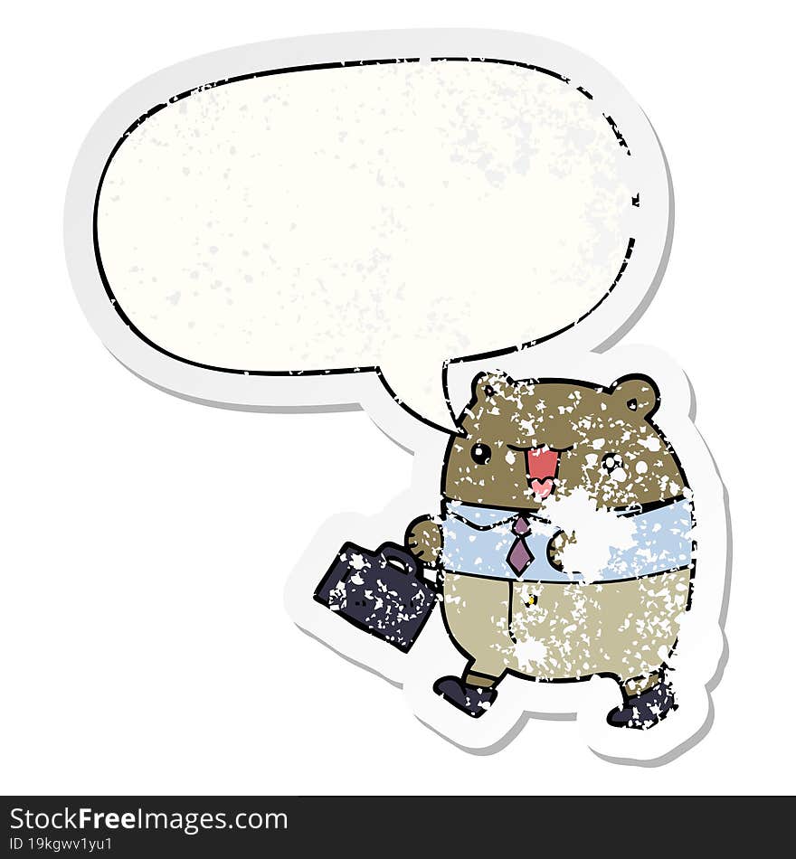 cute cartoon business bear and speech bubble distressed sticker