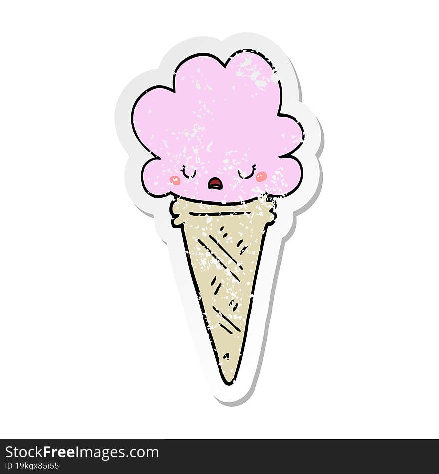 distressed sticker of a cartoon ice cream with face